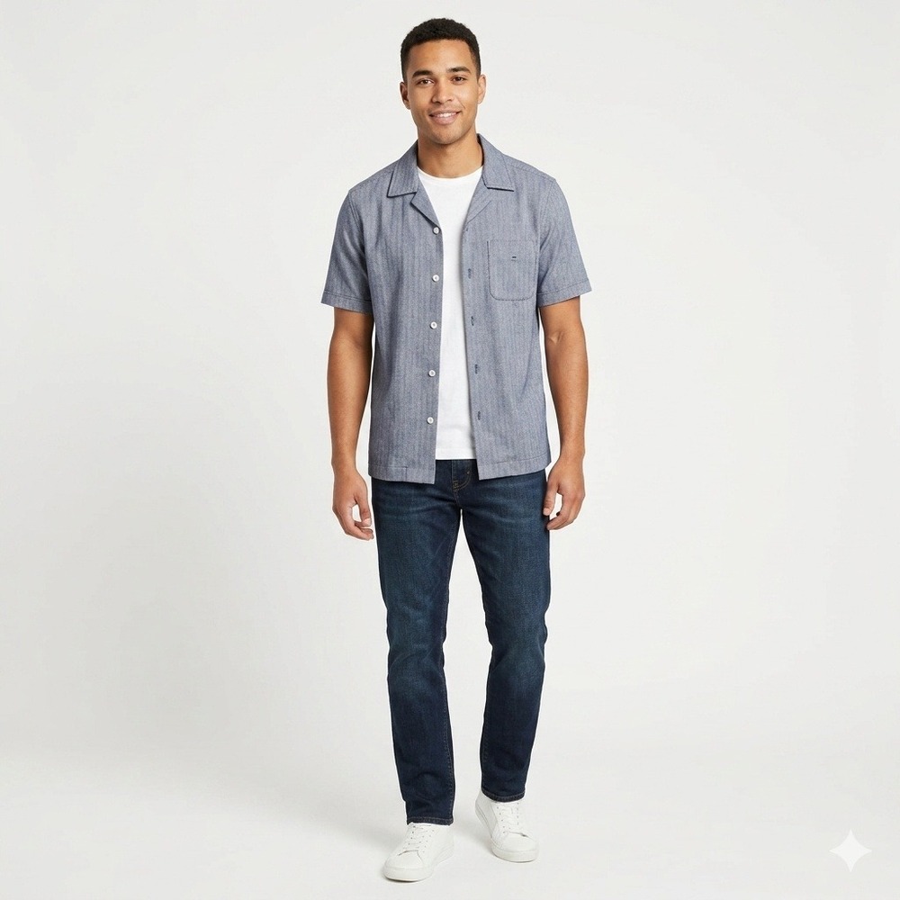 Tahari Herringbone Button Down Shirt Men M Short Sleeve Blue White Office Casual